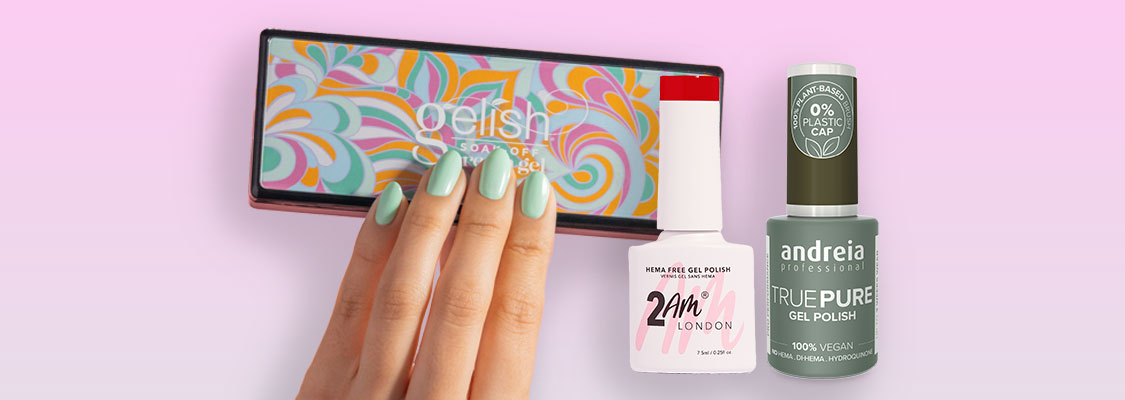 Gamme de vernis gels sans TPO de Pro Duo, dont Andreia Professional True Pure, 2AM London et Gelish, mettant en avant des formules véganes et d’origine végétale.
