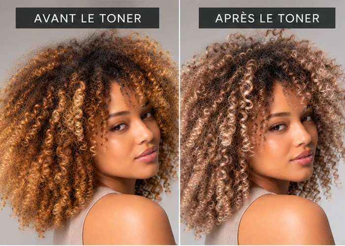 Cheveux cr&eacute;pus avant et apr&egrave;s l&rsquo;application d&rsquo;un toner capillaire. Apr&egrave;s l&rsquo;application du toner, les cheveux sont plus lumineux et &eacute;clatants.